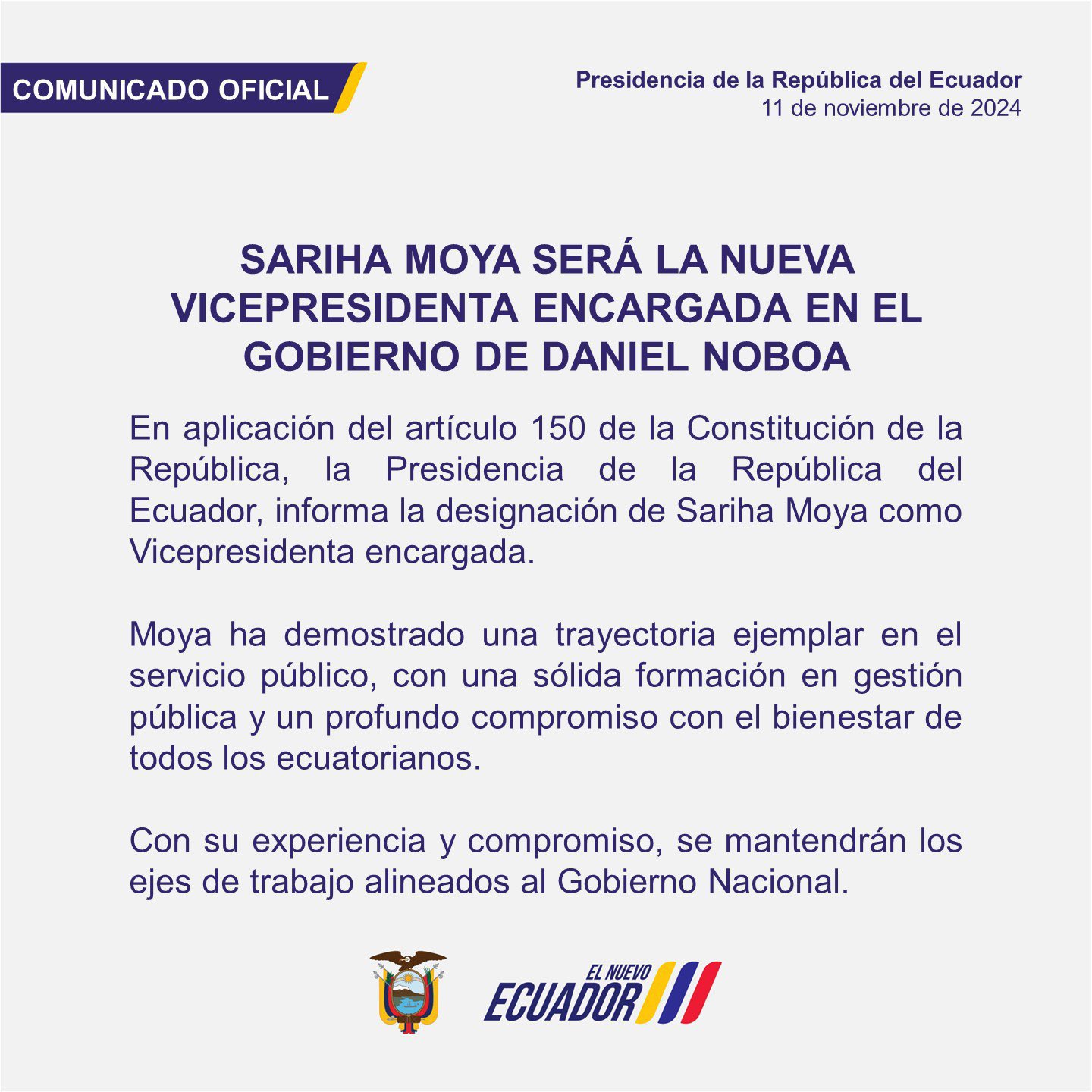 Daniel Noboa nombra a Sariha Moya como vicepresidenta