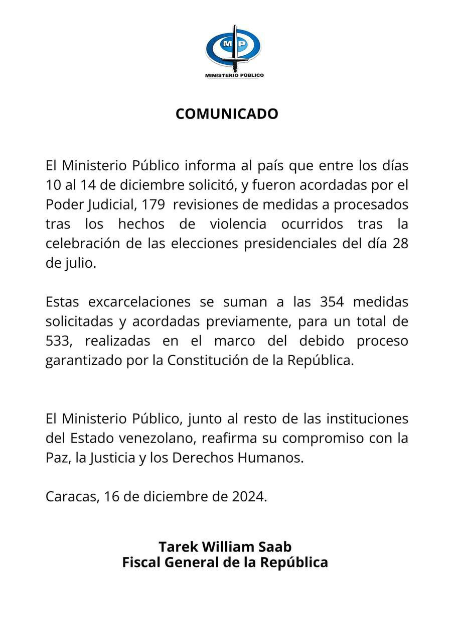 MP confirma nuevas excarcelaciones post electoral en Venezuela
