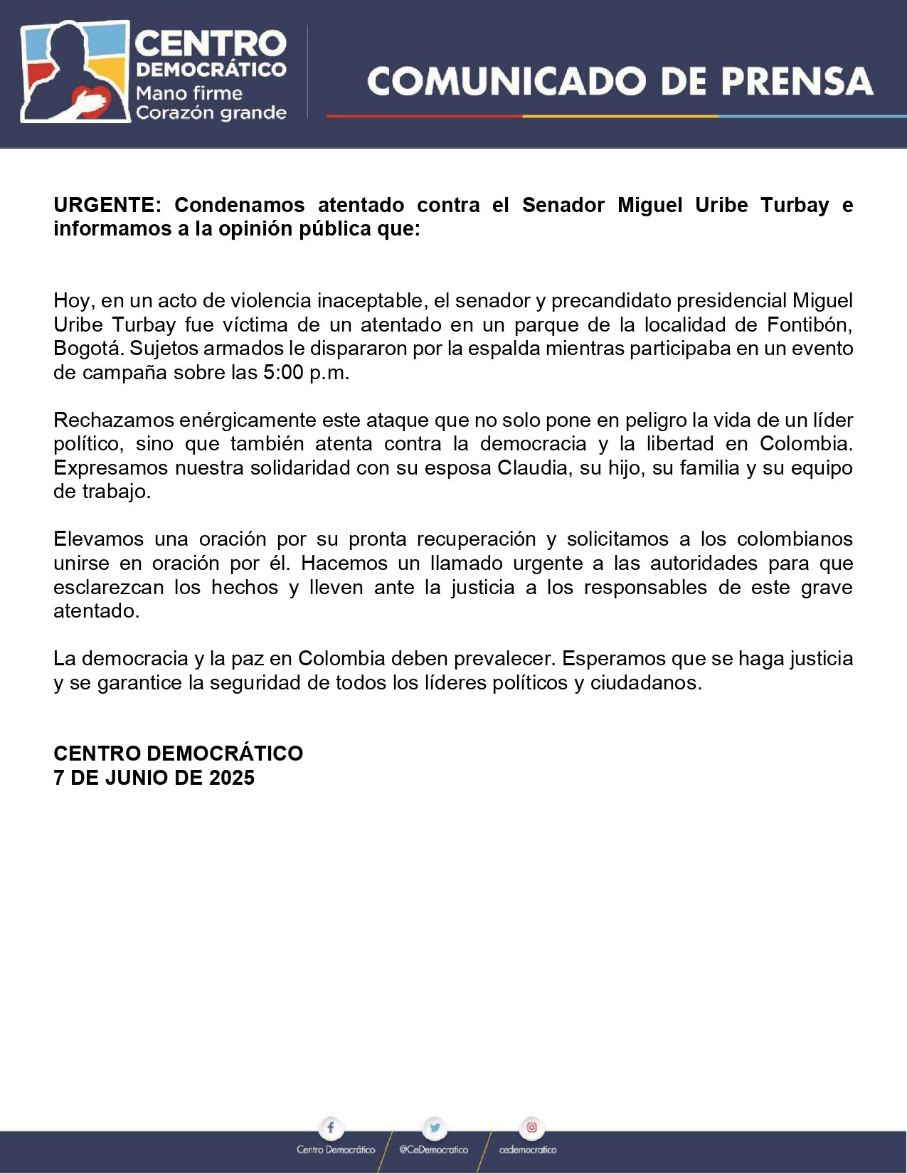 Comunicado del Centro Democrático tras atentado de Miguel Uribe