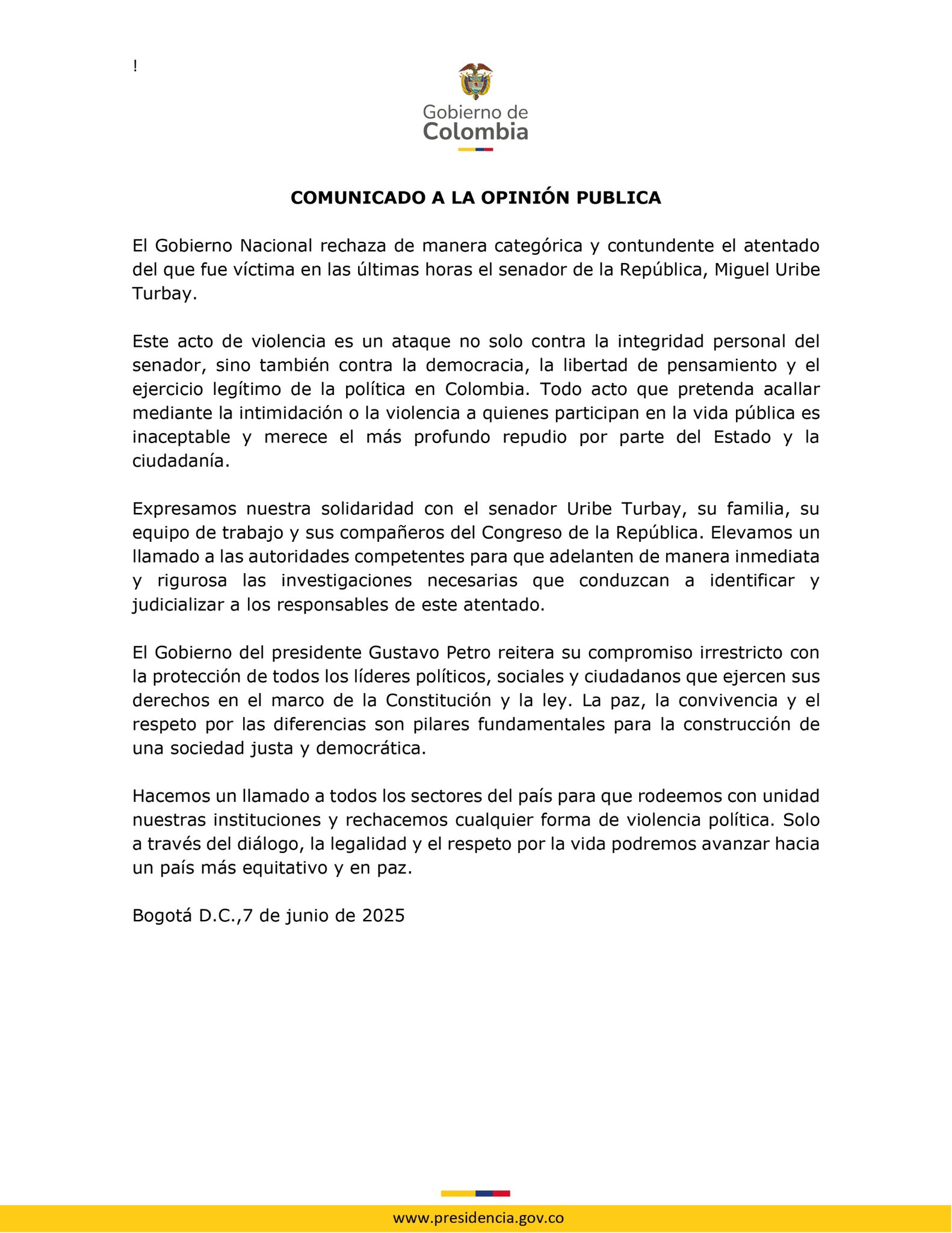 Comunicado del Gobierno de Colombia tras atentado de Miguel Uribe