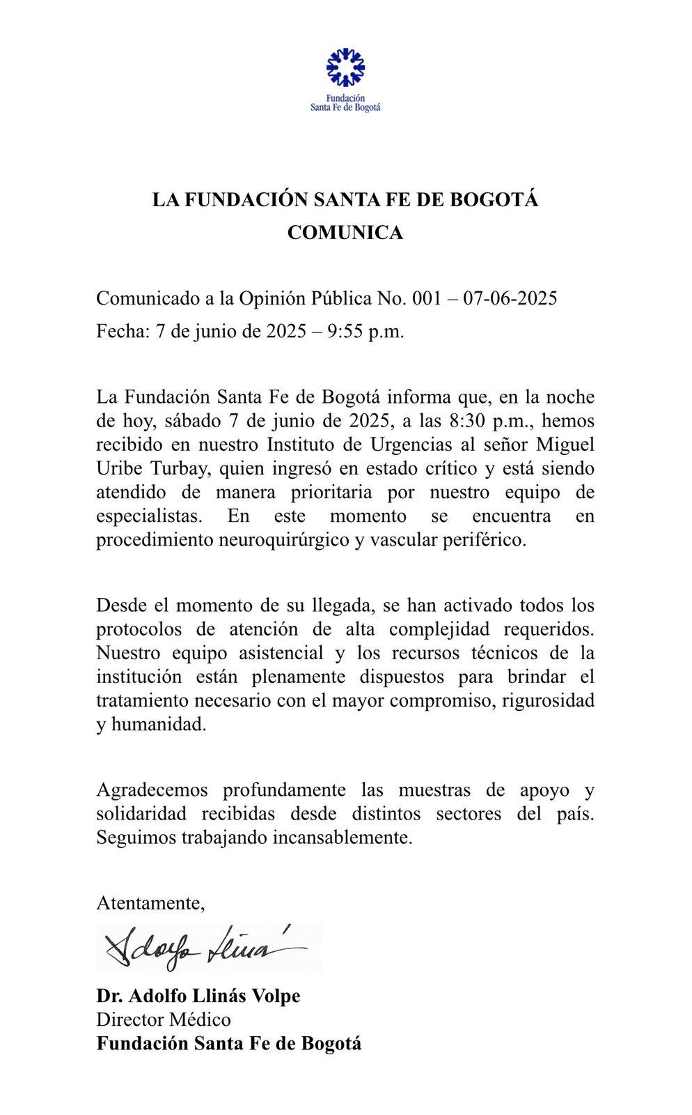 Parte médico de Miguel Uribe